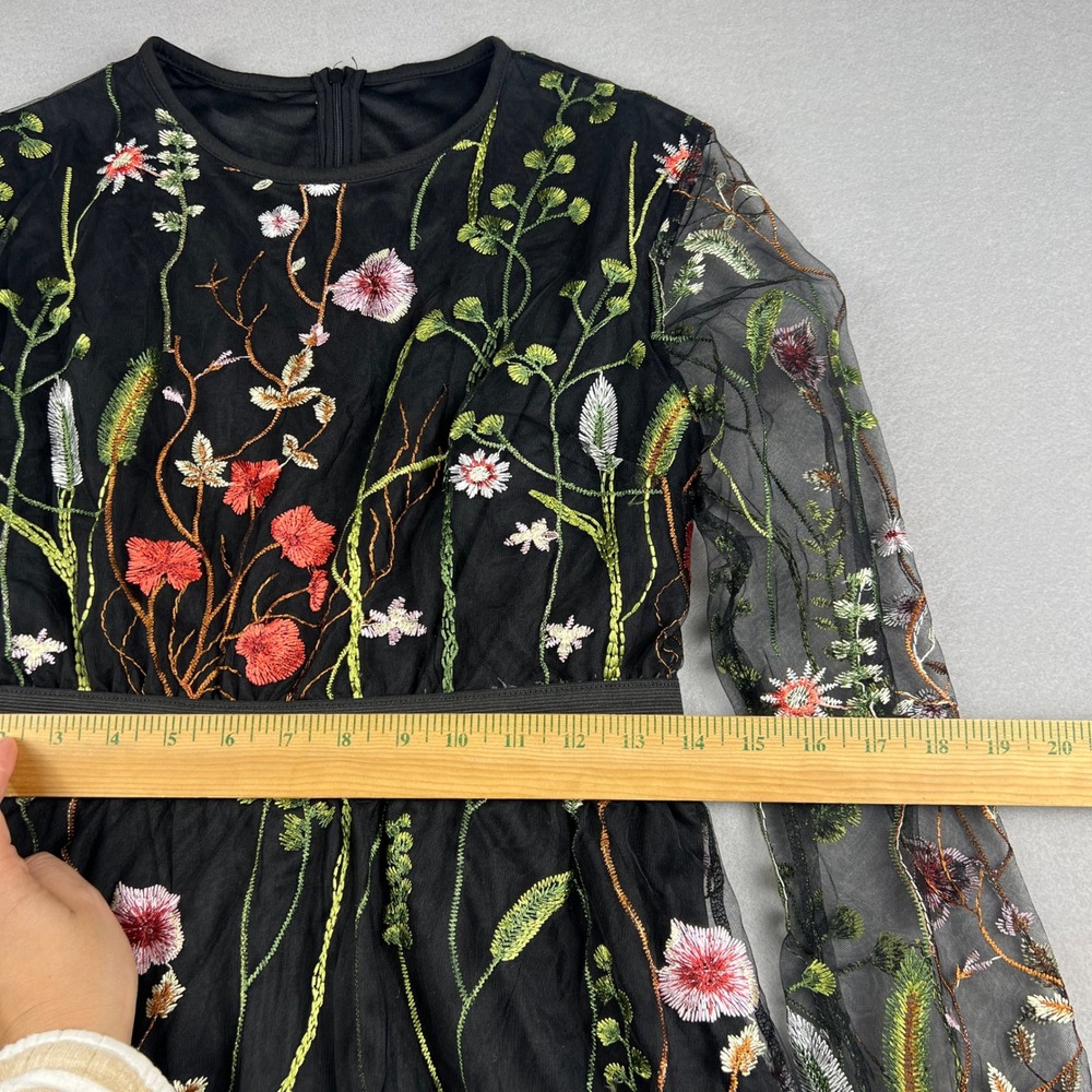 Floral Embroidered Mesh Dress Cotagecore Small Black Sheer Mini Party Wedding - Picture 6 of 11